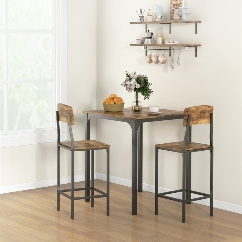 3 Piece Counter Height Bar Table And Chairs Set Industrial Small Dining Table Set For 2 Square Kitchen Table And Stools With Steel Frame